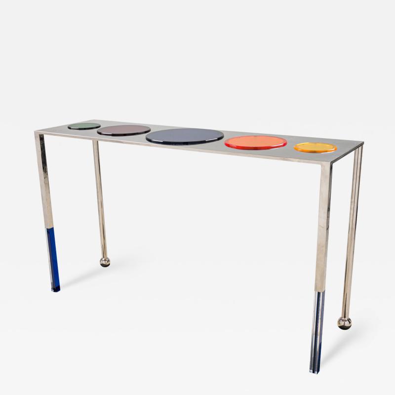 Charles Hollis Jones Charles Hollis Jones Nickel and Multi Colored Lucite Disk Console Table