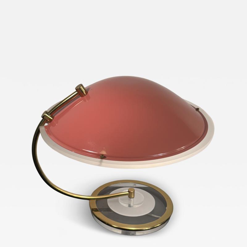 Charles Hollis Jones POST MODERN ENAMELED CORAL SHADE AND BRASS WITH CLEAR FROSTED LUCITE LAMP