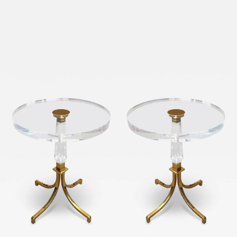 Charles Hollis Jones Pair of Regency Style Lucite Brass Side Tables by Charles Hollis Jones Signed