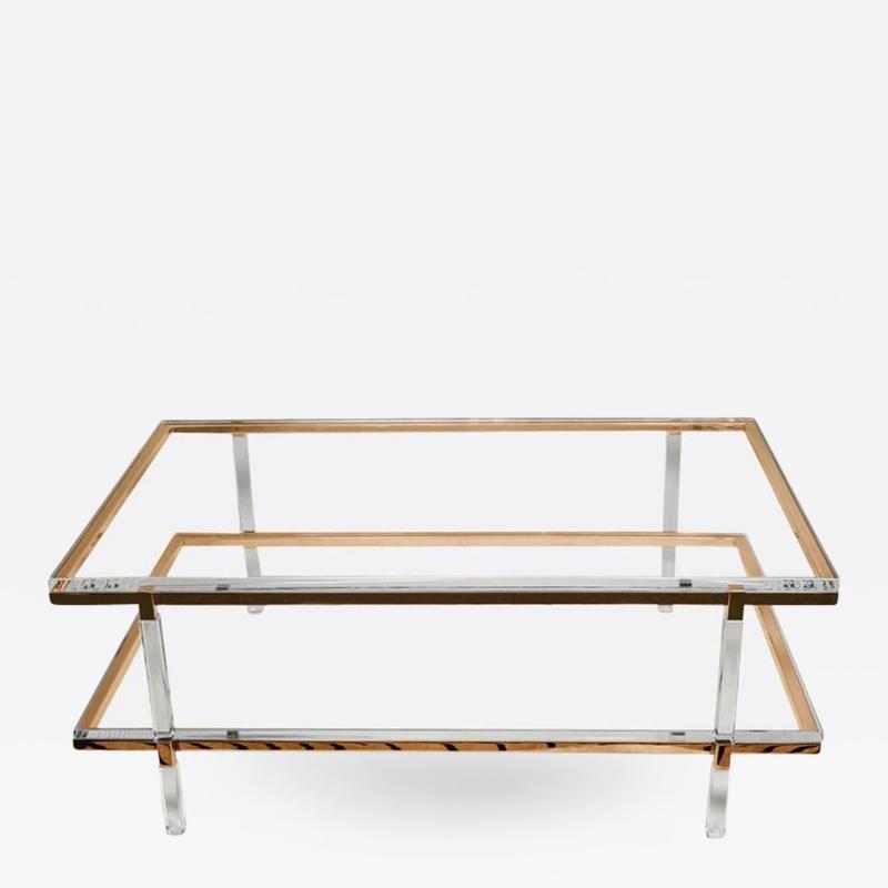 Charles Hollis Jones Two Tier Coffee Table in Lucite Polished Brass by Charles Hollis Jones