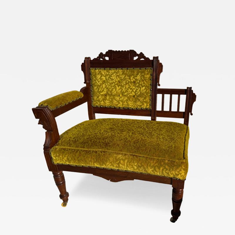 Charles Locke Eastlake Eastlake Period Walnut Olive Green Velvet Gossip Chair