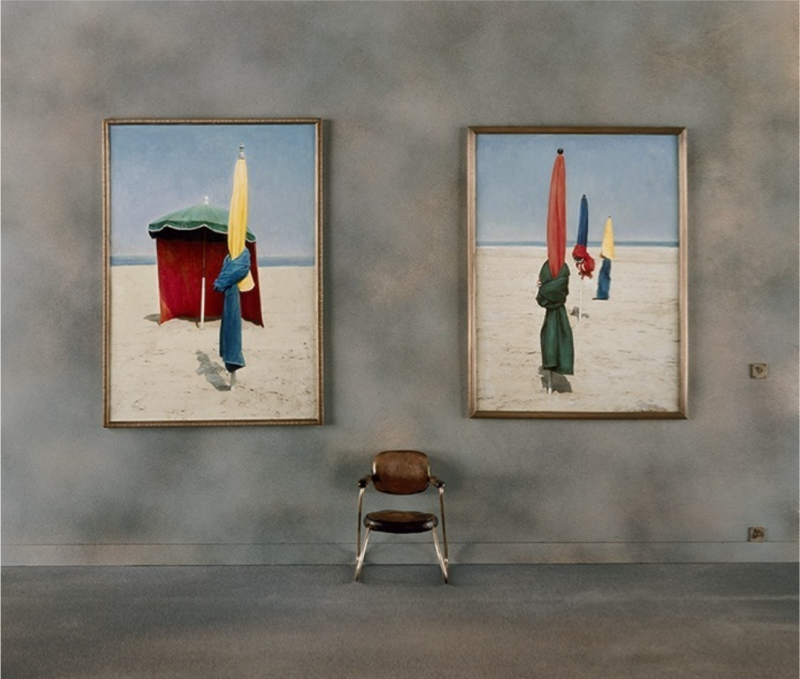 Charles Matton Museum Exhibit an Armchair Under Two Paintings of Beach Tents in Deauville