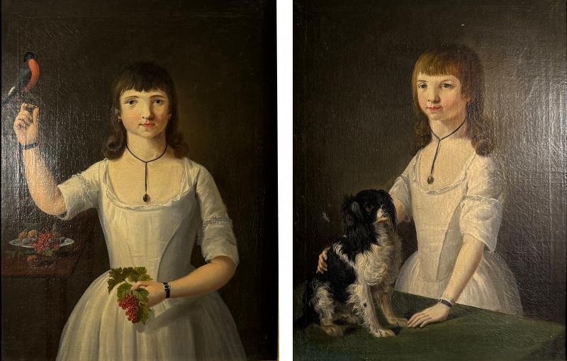 Charles Peale Polk EXCEPTIONAL PAIR OF EARLY PORTRAITS OF GIRL DOG GIRL WITH BIRD