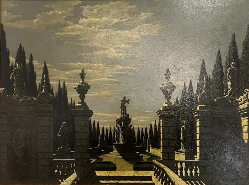 Charles Rain Oil on Panel Italian Garden 1960
