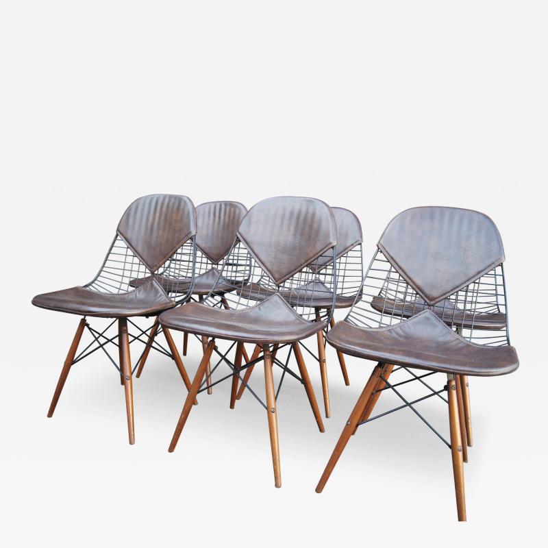Charles Ray Eames Set of Six Wire Chairs with Dowel Legs and Bikini Pad by Charles Ray Eames