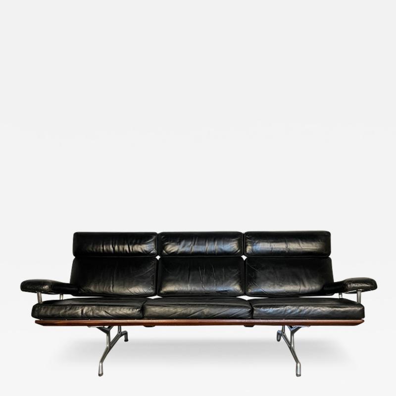 Charles Ray Eames Vintage Eames Three Seater Sofa in Black Leather and Walnut by Herman Miller