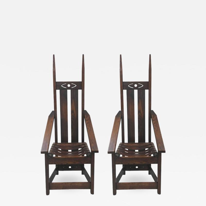 Charles Rohlfs Pair Oak High Back Mission Chairs in the Style of Charles Rohlfs