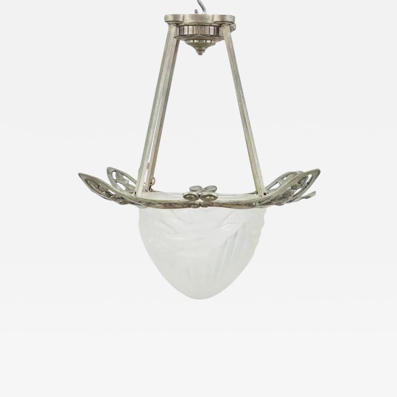 Charles Schneider French Art Deco Bronze and Frosted Glass Plafonnier Pendant Chandelier