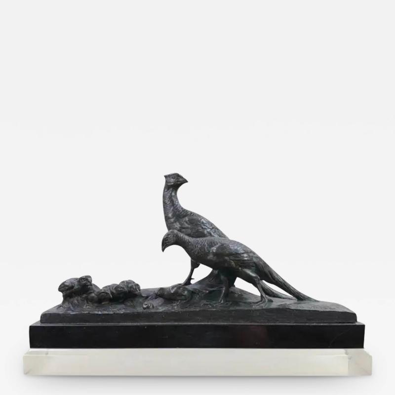 Charles Virion Bronze Study by Charles Virion a Figural Study of a Pheasant Family and a Snail