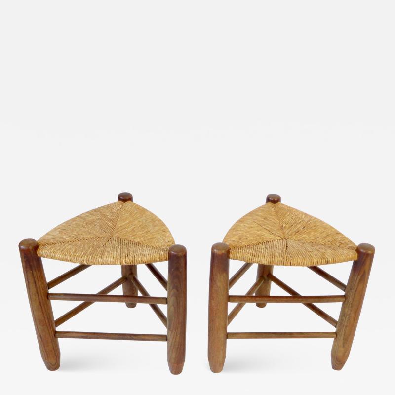 Charlotte Perriand Charlotte Perriand Pair of Tripod Rush Seat and Oak Stools for Les Arcs