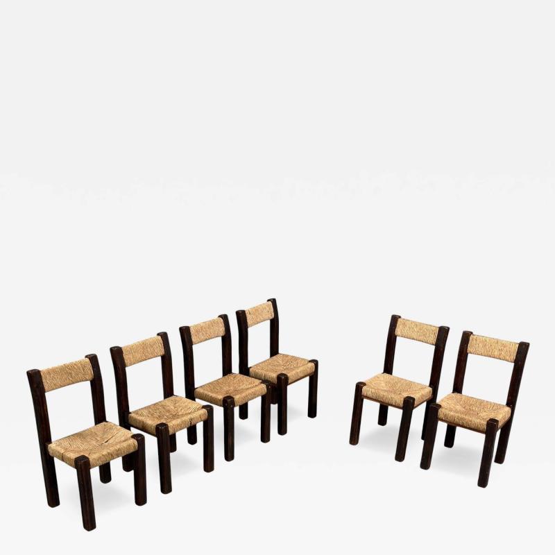 Charlotte Perriand Charlotte Perriand Style Brutalist Dining Chairs Wood Straw France 1960s
