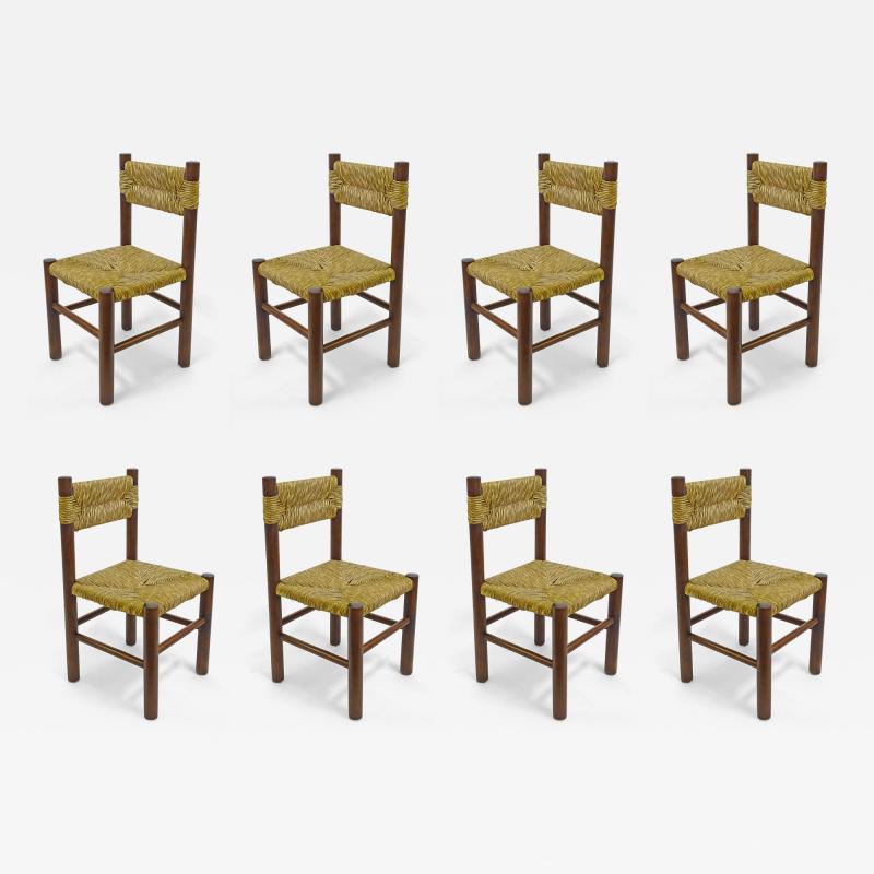 Charlotte Perriand Italian 1960s dining chairs in straw and wood in the style of Charlotte Perriand