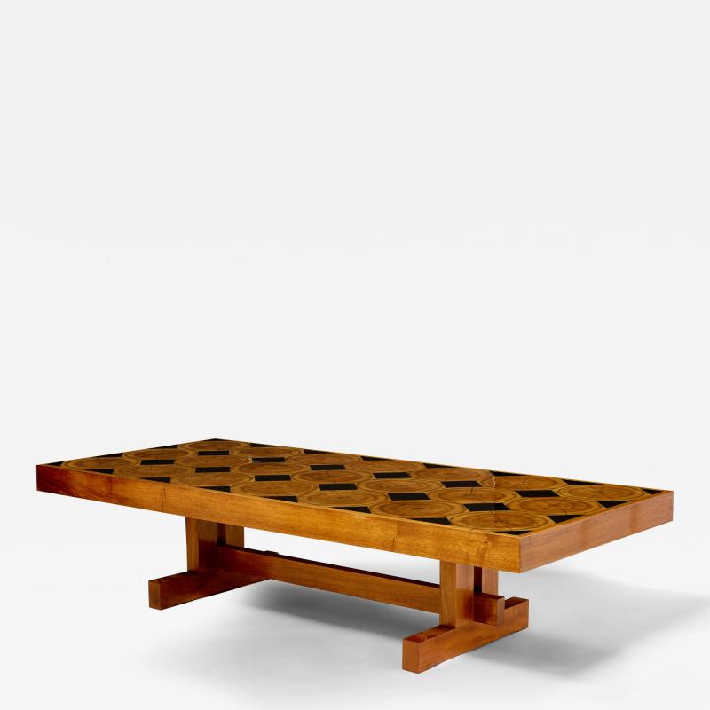 Charlotte Perriand Large French coffee table oak wood petrified wood and slate top 1960