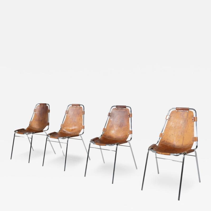 Charlotte Perriand Mid Century Set of 4 Leather Les Arcs Chairs by Charlotte Perriand France