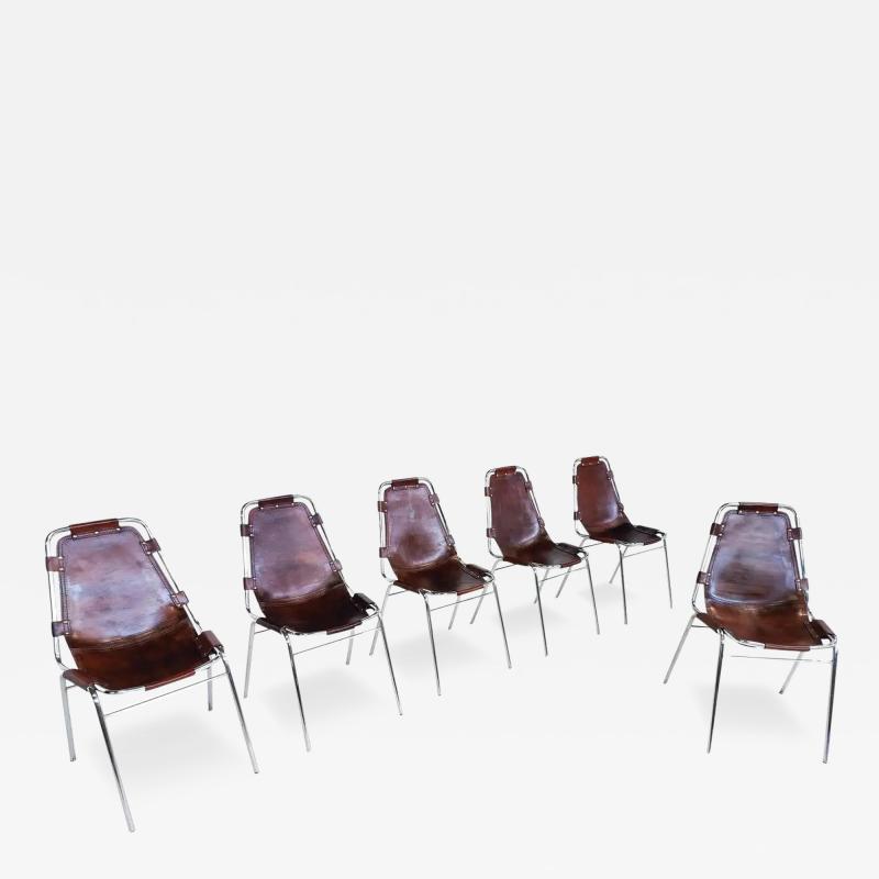 Charlotte Perriand Set of 6 Leather Les Arcs Dining Chairs by Charlotte Perriand