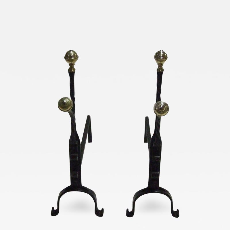 Charming Pair of Brass and Wrought Iron Andirons