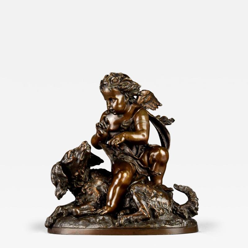 Charming late 19thC fine quality French bronze of a winged putto and spaniel dog