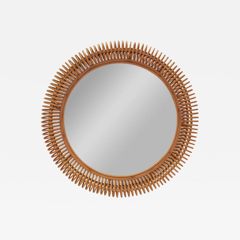 Chic Italian Round Mirror with Artisan Rattan Loop Frame 1960s