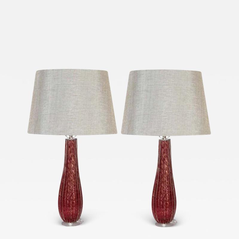 Chic Pair of Ruby Red Murano Rigadin Glass Lamps