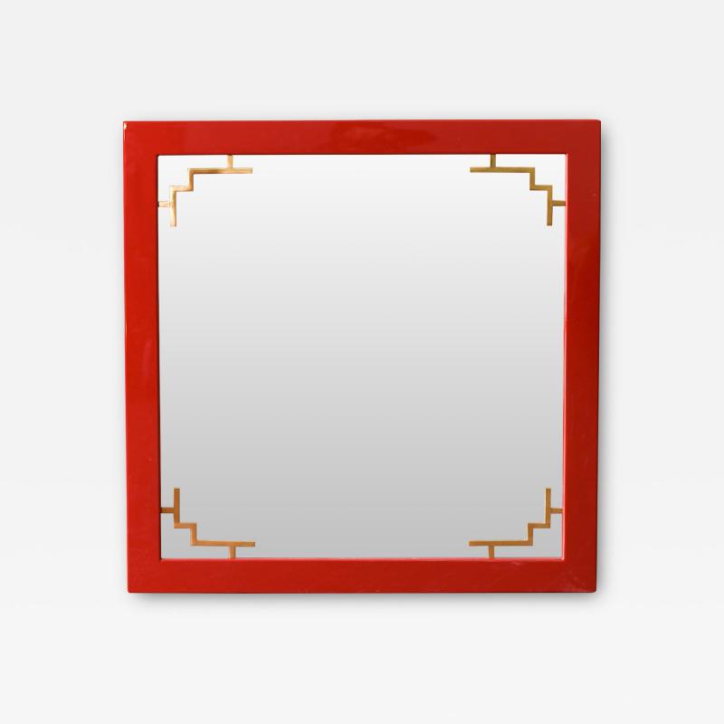 China Red Mirror With Brass Details From The 1970s Lacquered Series