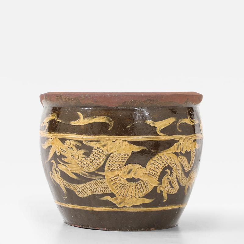 Chinese Art Deco Carved Glazed Dragon Jardiniere