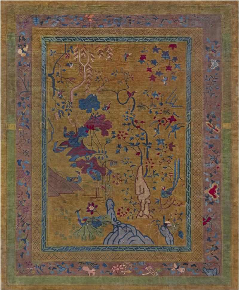 Chinese Art Deco Handmade Wool Rug in Blue Gold Green and Purple