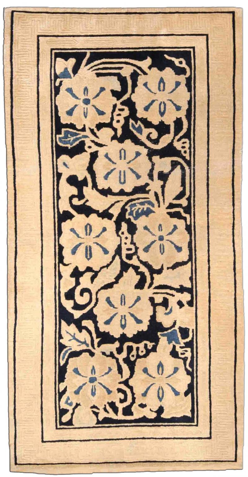 Chinese Art Deco Midnight Blue and Beige Handwoven Wool Rug