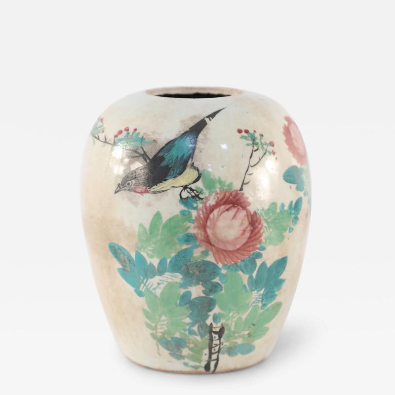 Chinese Beige and Green Botanical Motif Rounded Porcelain Vase