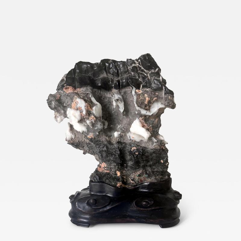 Chinese Black Lingbi Scholar Stone with White Crystal on Display Stand