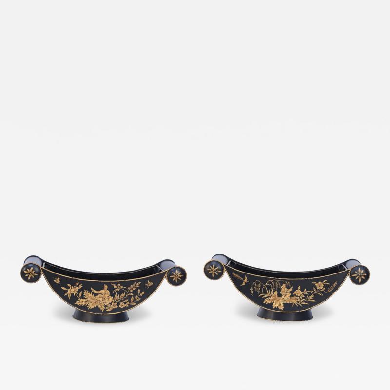 Chinese Black and Gold Tole Scroll Handle Vessels