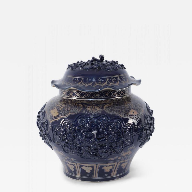 Chinese Blue and Gold Painted Lidded Porcelain Pot