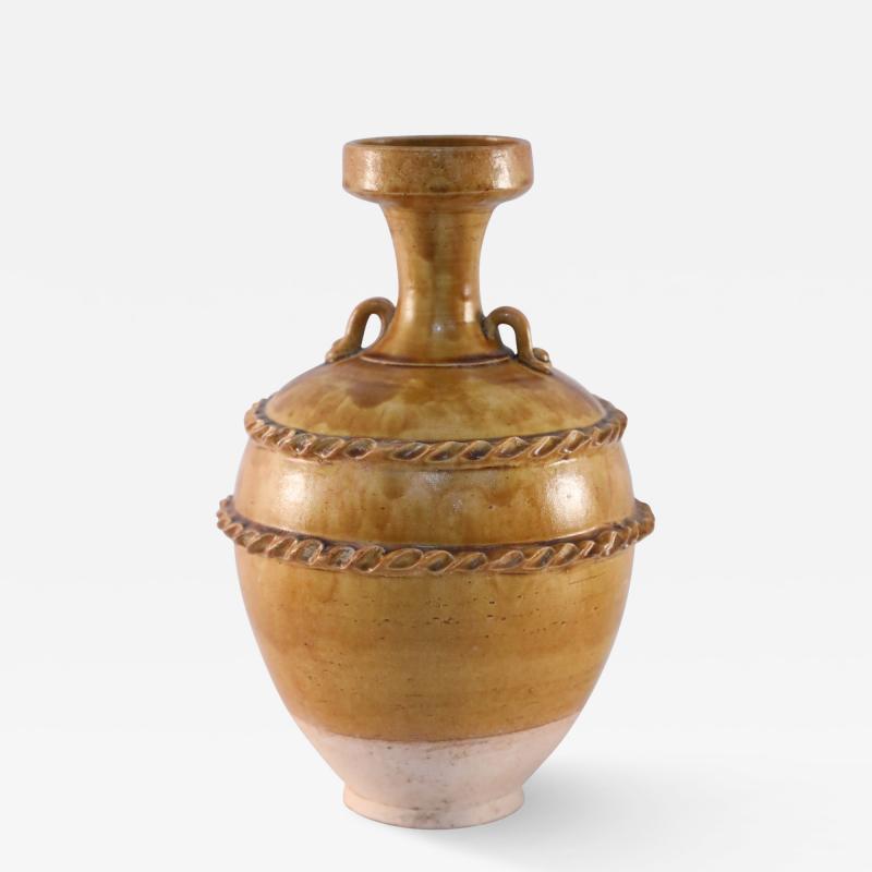 Chinese Brown and Pink Rope Design Trim Handled Vase