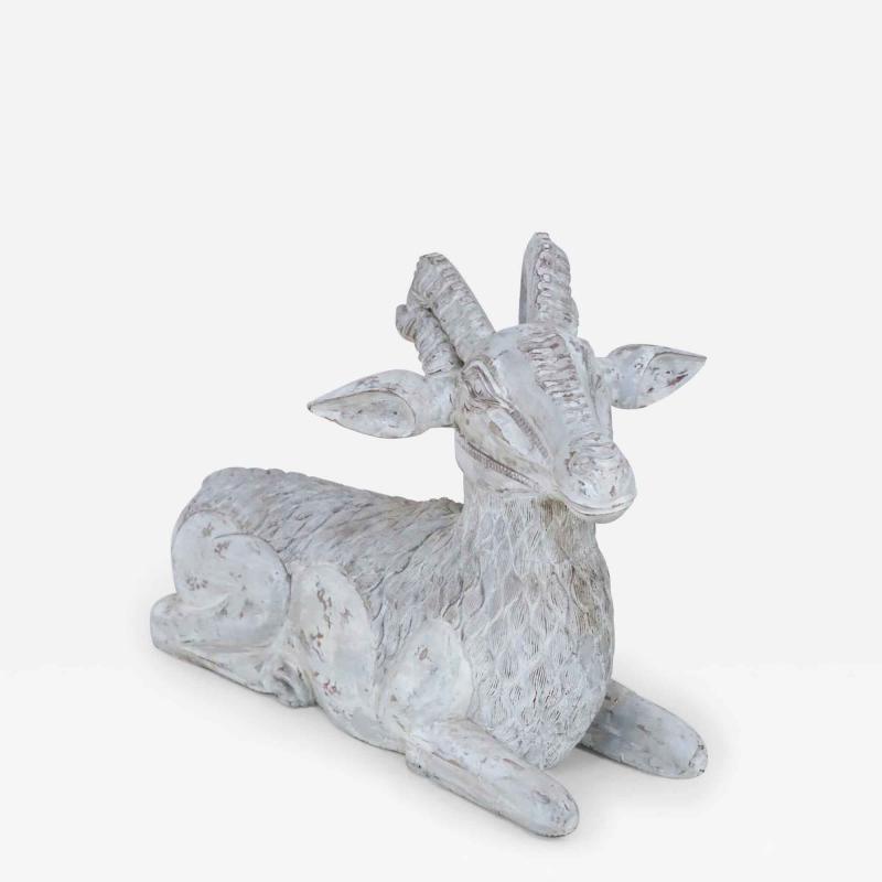 Chinese Carved Whitewashed Wooden Ram Statue