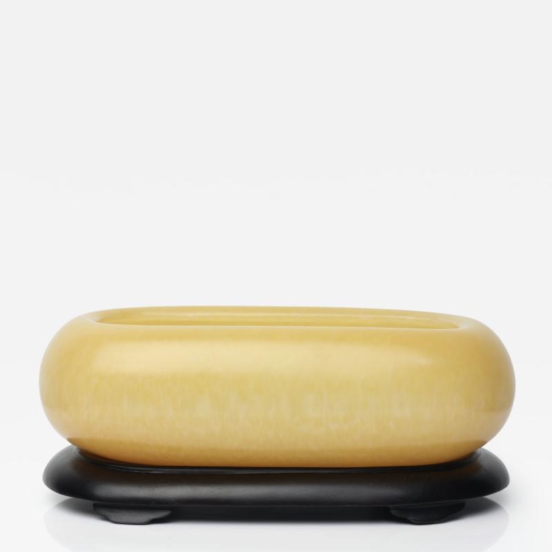 Chinese Carved Yellow Jade Brush Washer on Wood Stand China