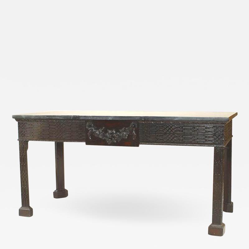 Chinese Chippendale Mahogany Green Marble Console Table