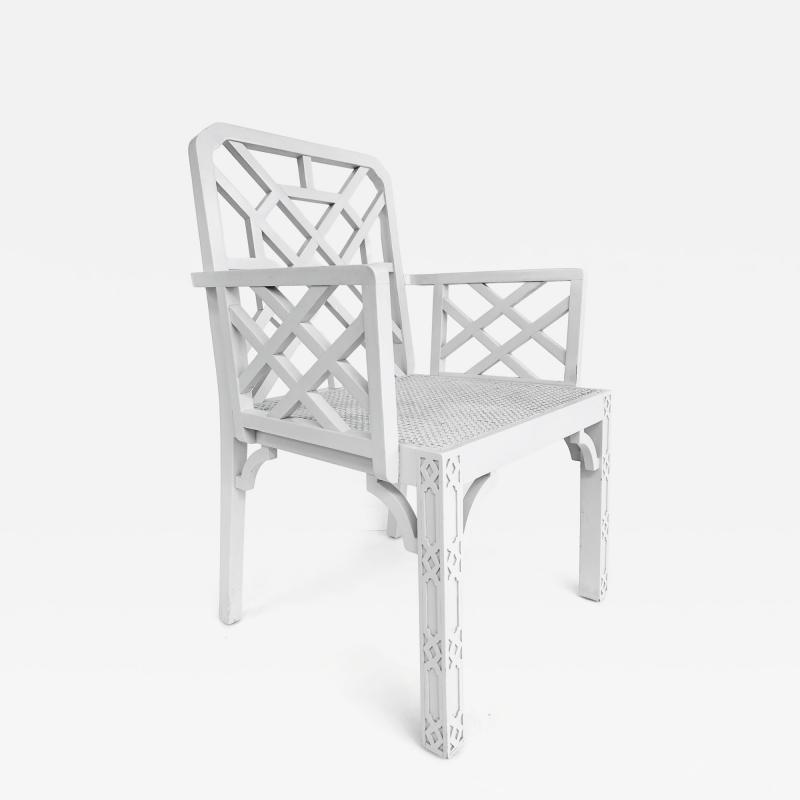 Chinese Chippendale Pagoda Lattice Back White Painted Armchair with Caned Seat