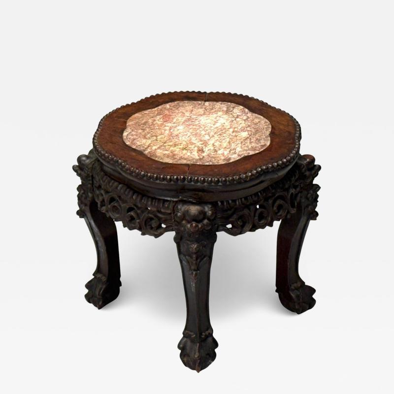 Chinese Export Carved Hardwood Table Marble Low Pedestal China 1930s