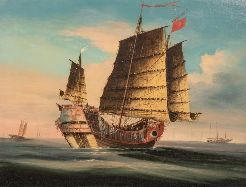 Chinese Export Painting of Ocean Junk in Original Chinese Chippendale Frame