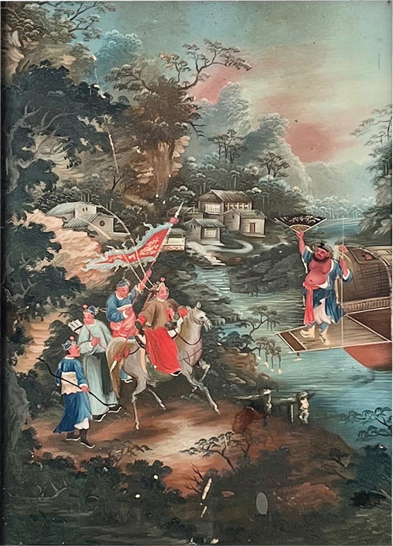 Chinese Export Reverse Glass Painting of Warriors in Landscape circa 1825