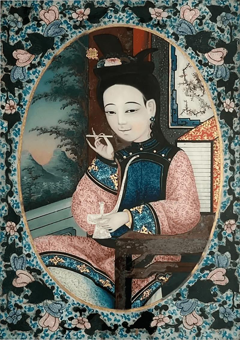 Chinese Export Reverse Glass Portrait Painting of an Opium Maiden circa 1880