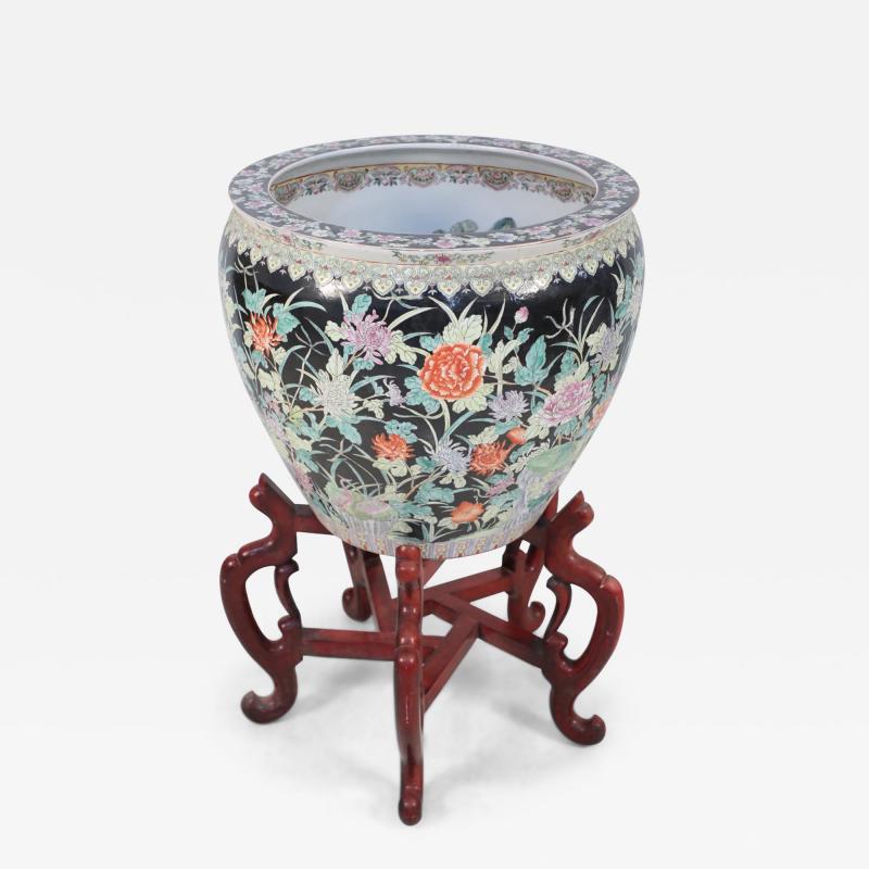 Chinese Floral Porcelain Planter With Wooden Stand