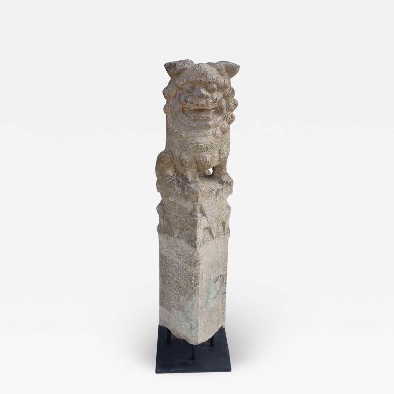 Chinese Foo Dog Hitching Post Sculpture in Solid Granite 19th Century