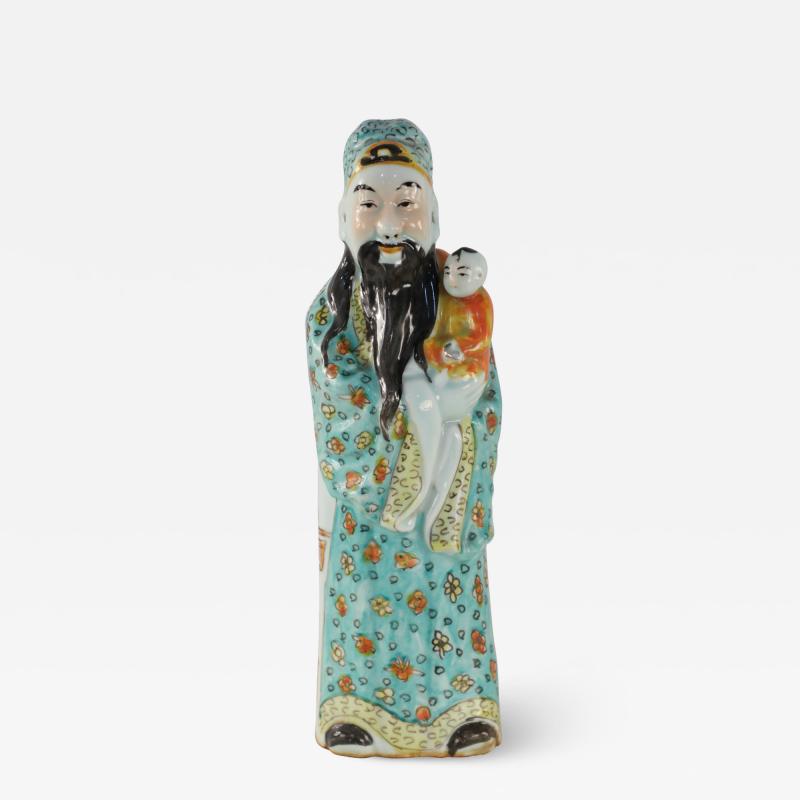 Chinese Green and Orange Lu Xing Wealth and Prosperity Deific Porcelain Figurine