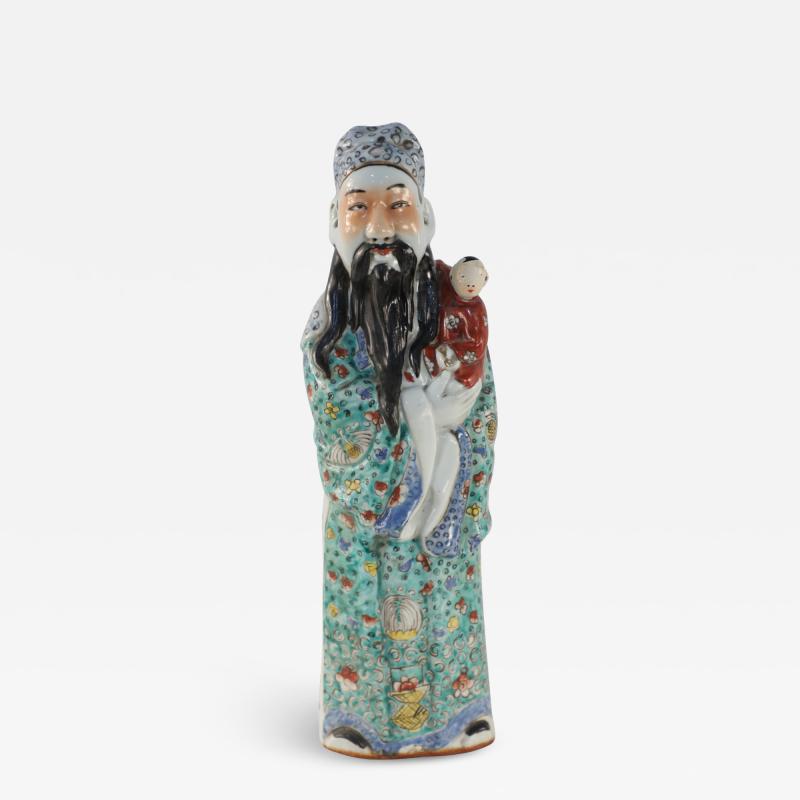 Chinese Green and Red Lu Xing Wealth and Prosperity Deific Porcelain Figurine