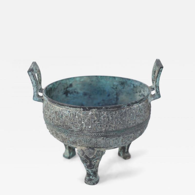 Chinese Han Dynasty Style Patinated Bronze Footed Pot