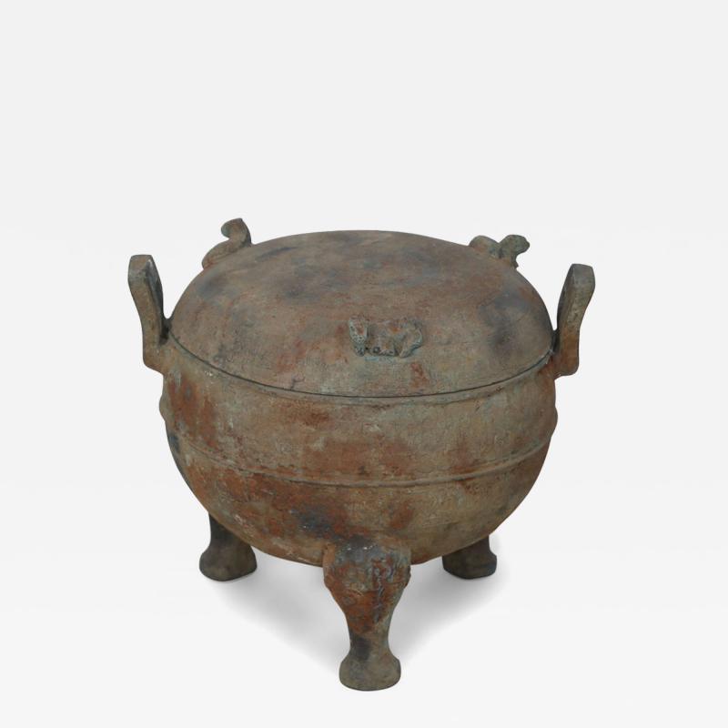 Chinese Han Dynasty Style Patinated Bronze Footed and Lidded Pot