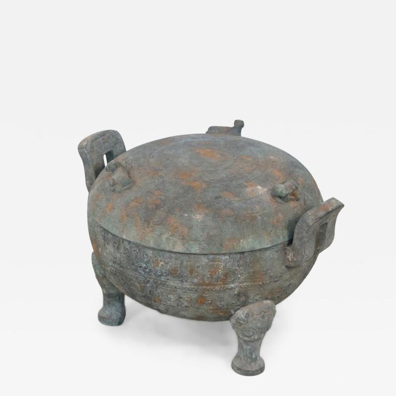 Chinese Han Dynasty Style Patinated Bronze Lidded and Footed Pot