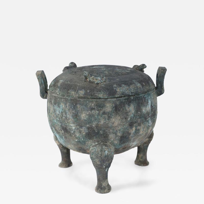 Chinese Han Dynasty Style Patinated Bronze Lidded and Footed Pot