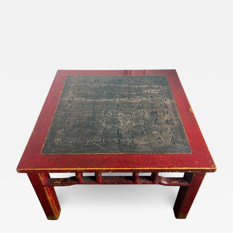 Chinese Lacquered Wood Table Stone Top with Carved Prose