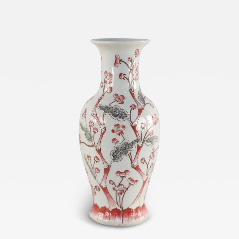 Chinese Light Gray and Red Cherry Blossom Tree Porcelain Vase